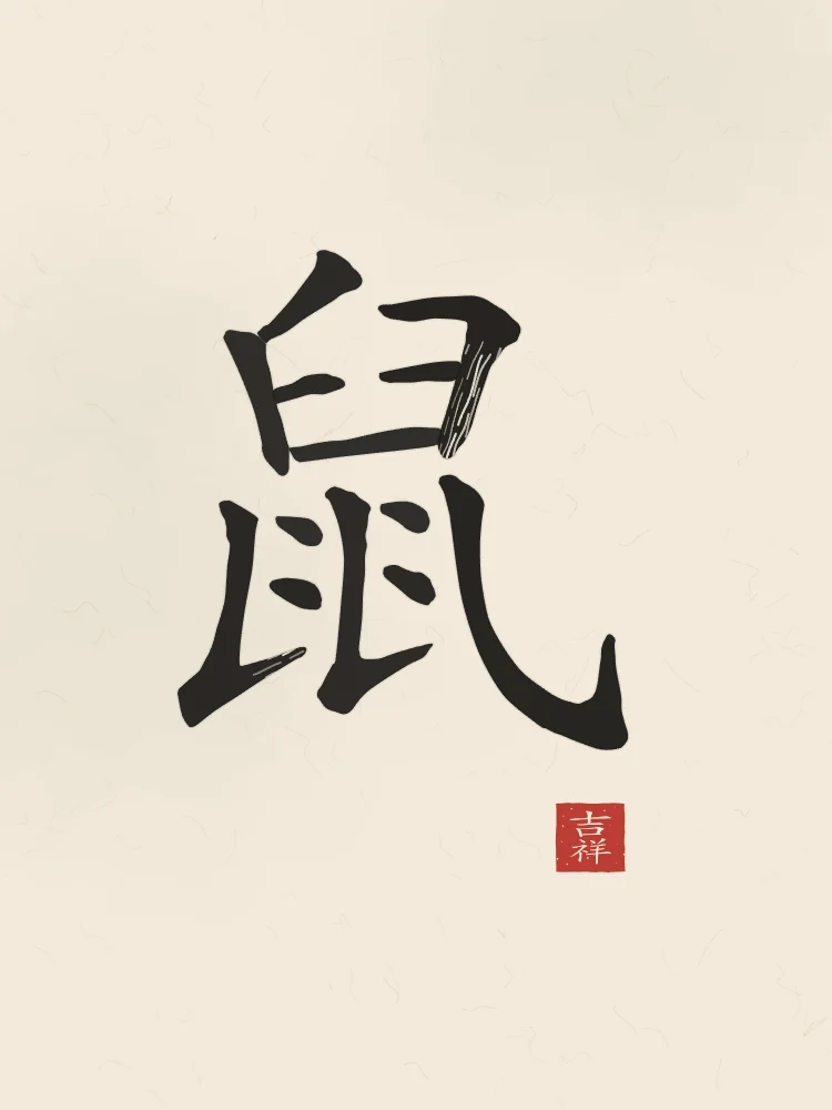 Signe du Rat à l'encre, papier xuan : 鼠 (shǔ), Rat