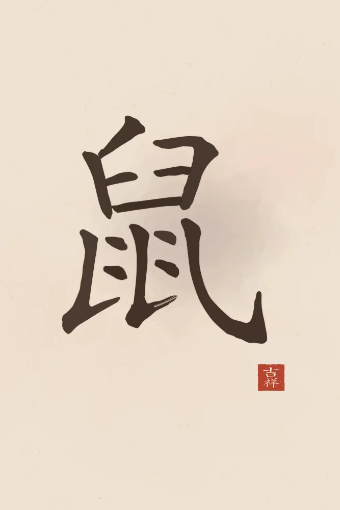 Signe du Rat à l'encre, terre cuite : 鼠 (shǔ), Rat