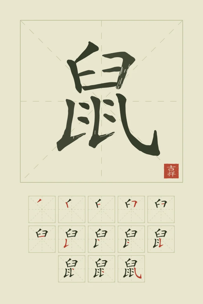 Signe du Rat et son ordre des traits, thé vert : 鼠 (shǔ), Rat