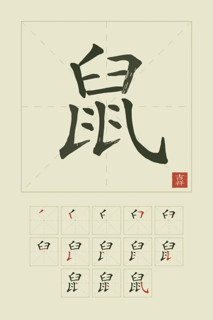 Signe du Rat et son ordre des traits, thé vert, tableau signe chinois rat