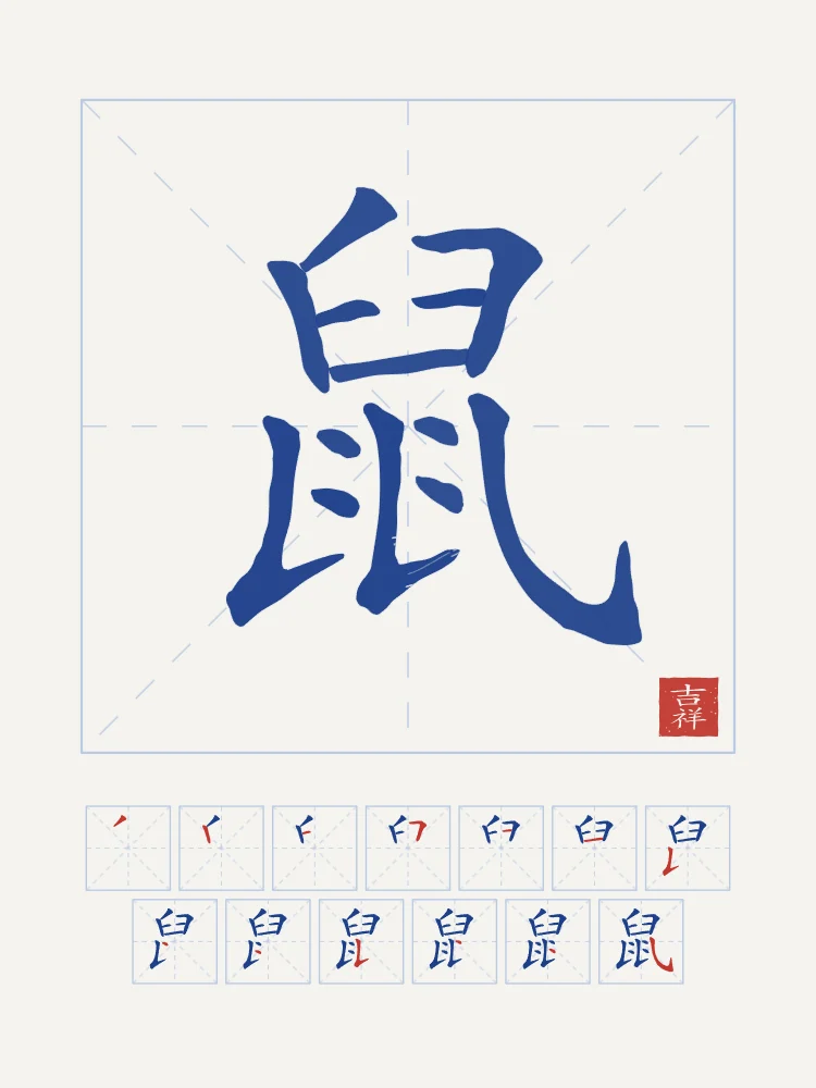 Signe du Rat et son ordre des traits, porcelaine bleue : 鼠 (shǔ), Rat