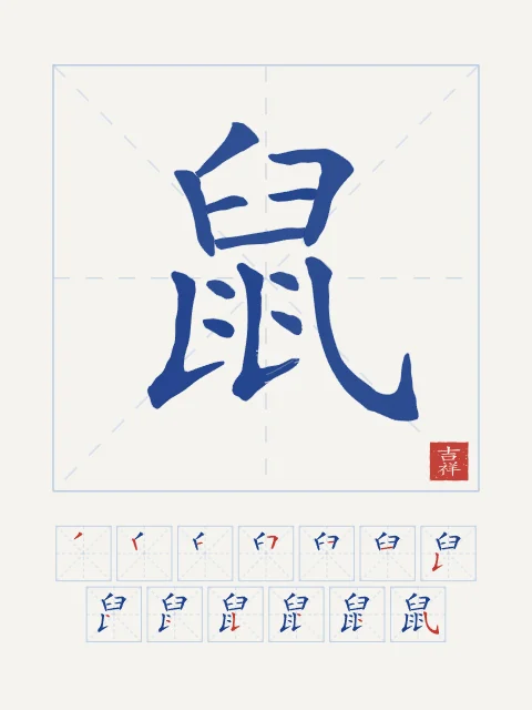 Signe du Rat et son ordre des traits, porcelaine bleue, tableau signe chinois rat