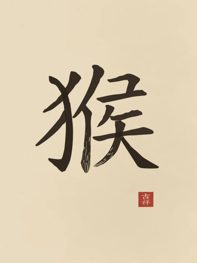 Signe du Singe à l'encre, sable ocre : 猴 (hóu), Singe