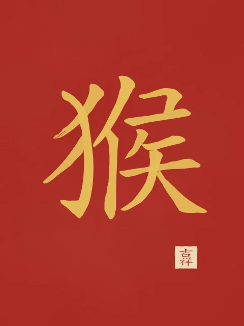 Signe du Singe à l'encre, laque rouge, tableau signe chinois singe