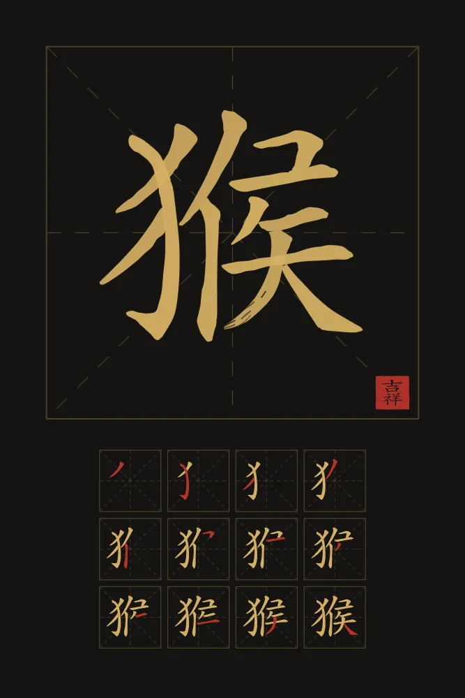 Signe du Singe et son ordre des traits, encre d’or : 猴 (hóu), Singe