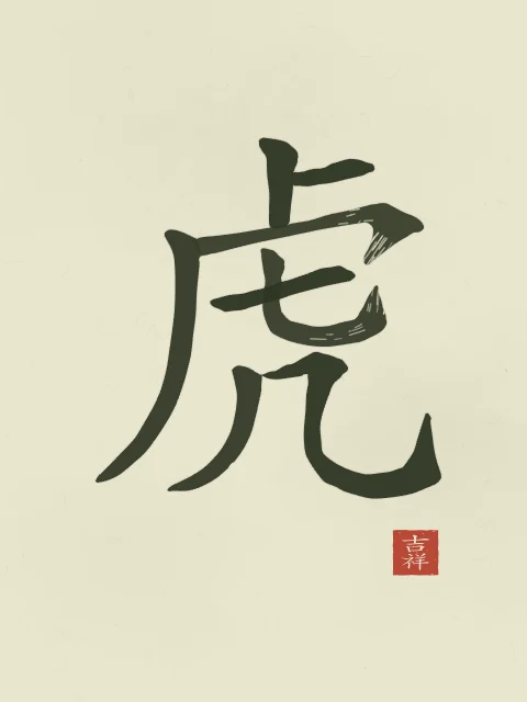 Signe du Tigre à l'encre, thé vert, tableau signe chinois tigre