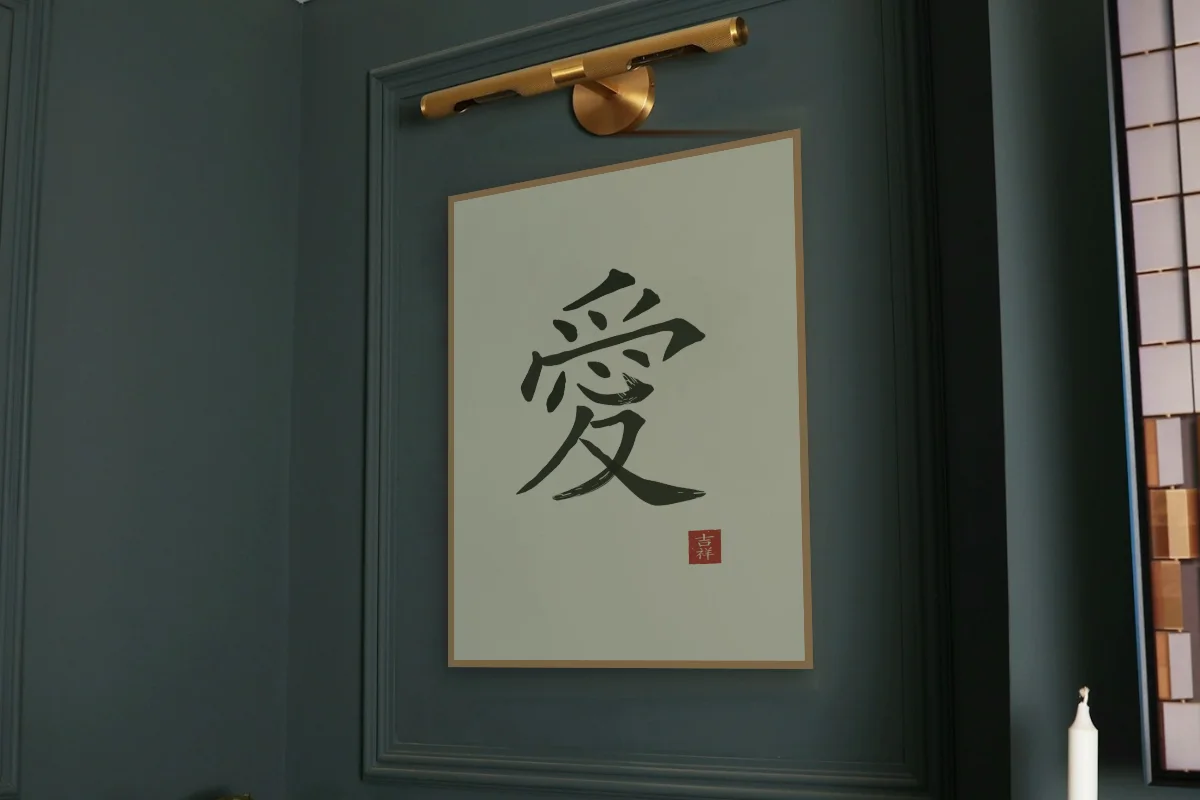 Amour à l'encre, thé vert : affiche encadrée chêne sous une lampe de tableau, mur vert profond