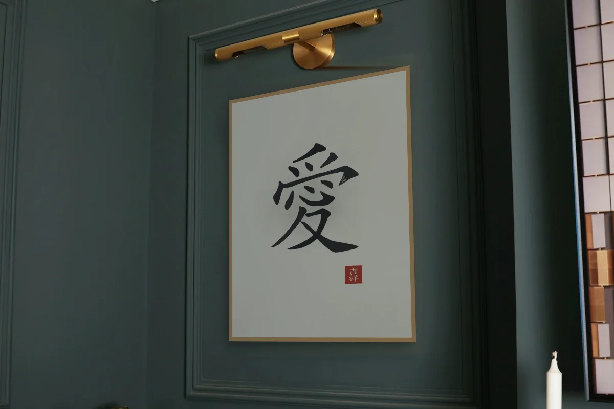 Amour à l'encre, riz gris. Photo d'illustration : Affiche encadrée chêne sous une lampe de tableau, mur vert profond, œuvre en 60 × 80 cm, à l'échelle. Photo de la pièce : Paul Yarnell (Unsplash).