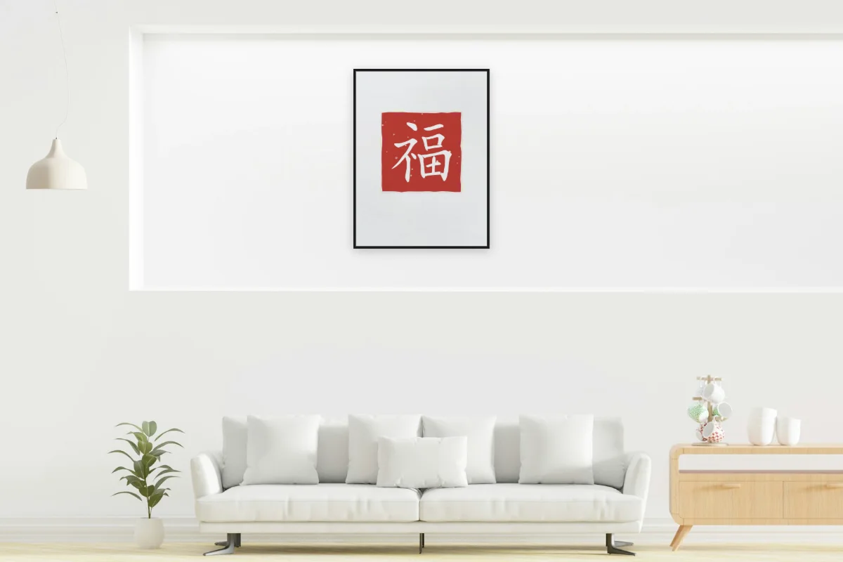 Bonheur en sceau, indigo. Photo d'illustration : Affiche encadrée noir dans la niche éclairée d'un salon blanc, œuvre en 60 × 80 cm, à l'échelle. Photo de la pièce : dada design (Unsplash).