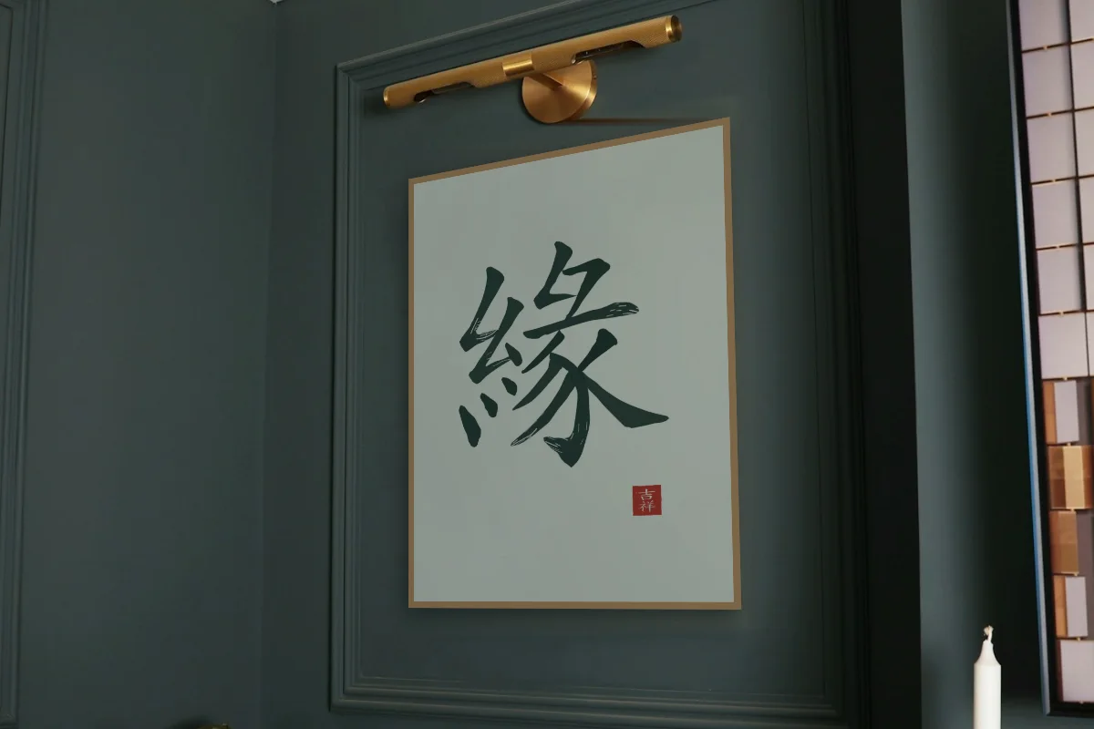 Destin à l'encre, jade. Photo d'illustration : Affiche encadrée chêne sous une lampe de tableau, mur vert profond, œuvre en 60 × 80 cm, à l'échelle. Photo de la pièce : Paul Yarnell (Unsplash).