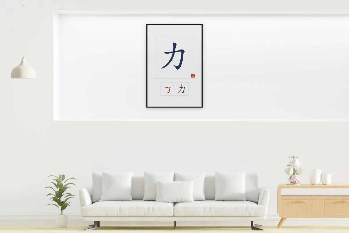 Force et son ordre des traits, indigo. Photo d'illustration : Affiche encadrée noir dans la niche éclairée d'un salon blanc, œuvre en 60 × 90 cm, à l'échelle. Photo de la pièce : dada design (Unsplash).
