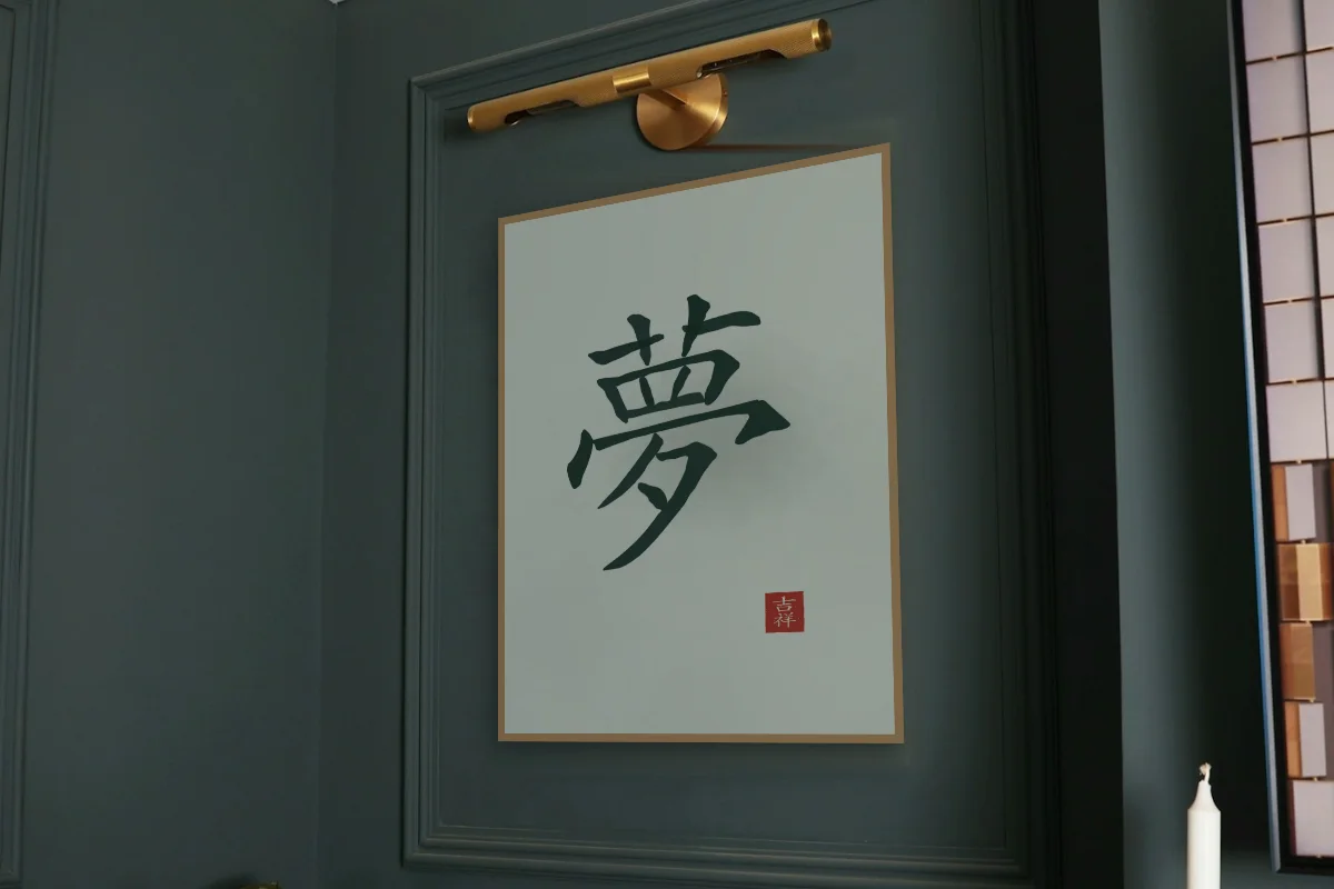 Rêve à l'encre, jade. Photo d'illustration : Affiche encadrée chêne sous une lampe de tableau, mur vert profond, œuvre en 60 × 80 cm, à l'échelle. Photo de la pièce : Paul Yarnell (Unsplash).