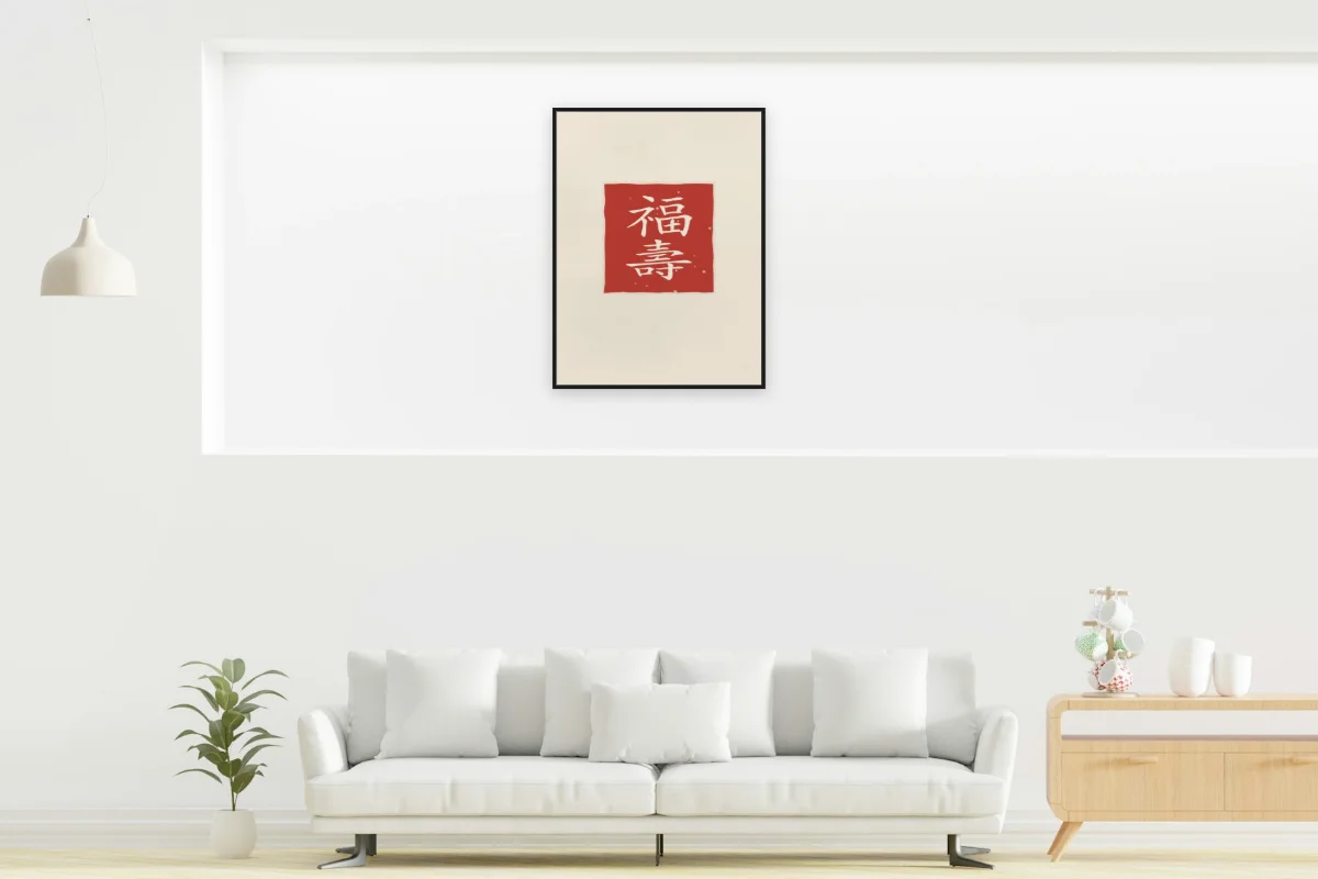 Bonheur et longévité en sceau, papier xuan. Photo d'illustration : Affiche encadrée noir dans la niche éclairée d'un salon blanc, œuvre en 60 × 80 cm, à l'échelle. Photo de la pièce : dada design (Unsplash).