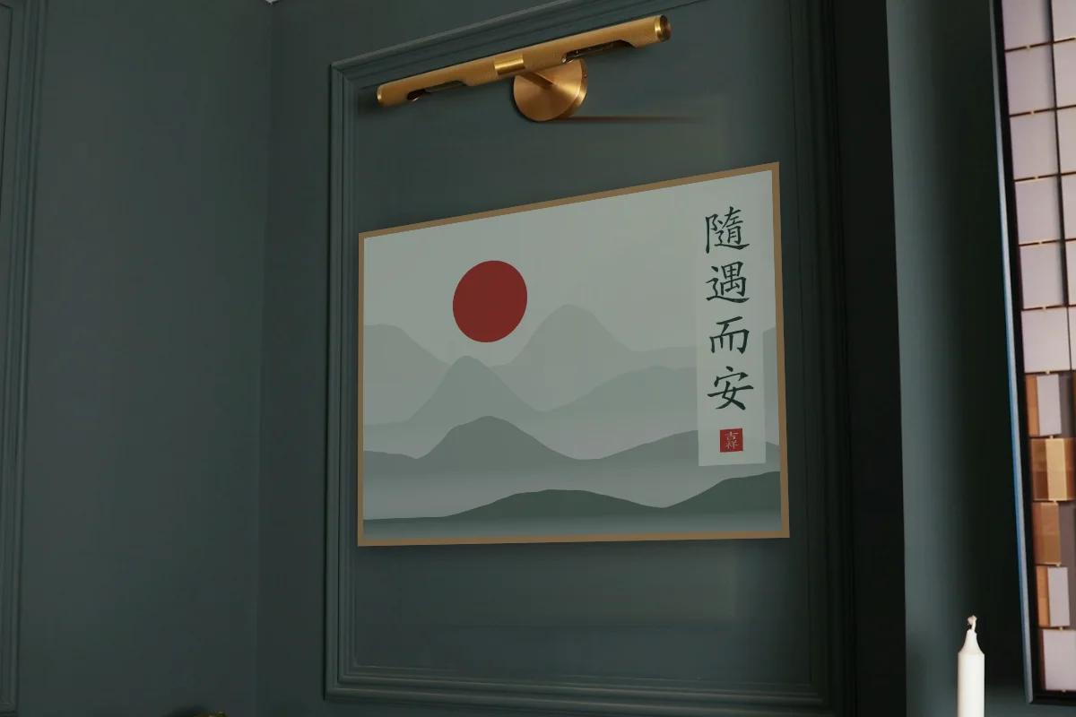 Être bien partout sous la lune, jade. Photo d'illustration : Affiche encadrée chêne sous une lampe de tableau, mur vert profond, œuvre en 80 × 60 cm, à l'échelle. Photo de la pièce : Paul Yarnell (Unsplash).