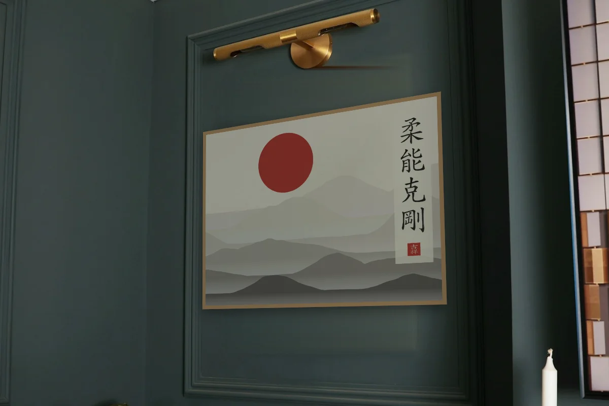 La souplesse l’emporte sous la lune, papier xuan. Photo d'illustration : Affiche encadrée chêne sous une lampe de tableau, mur vert profond, œuvre en 80 × 60 cm, à l'échelle. Photo de la pièce : Paul Yarnell (Unsplash).