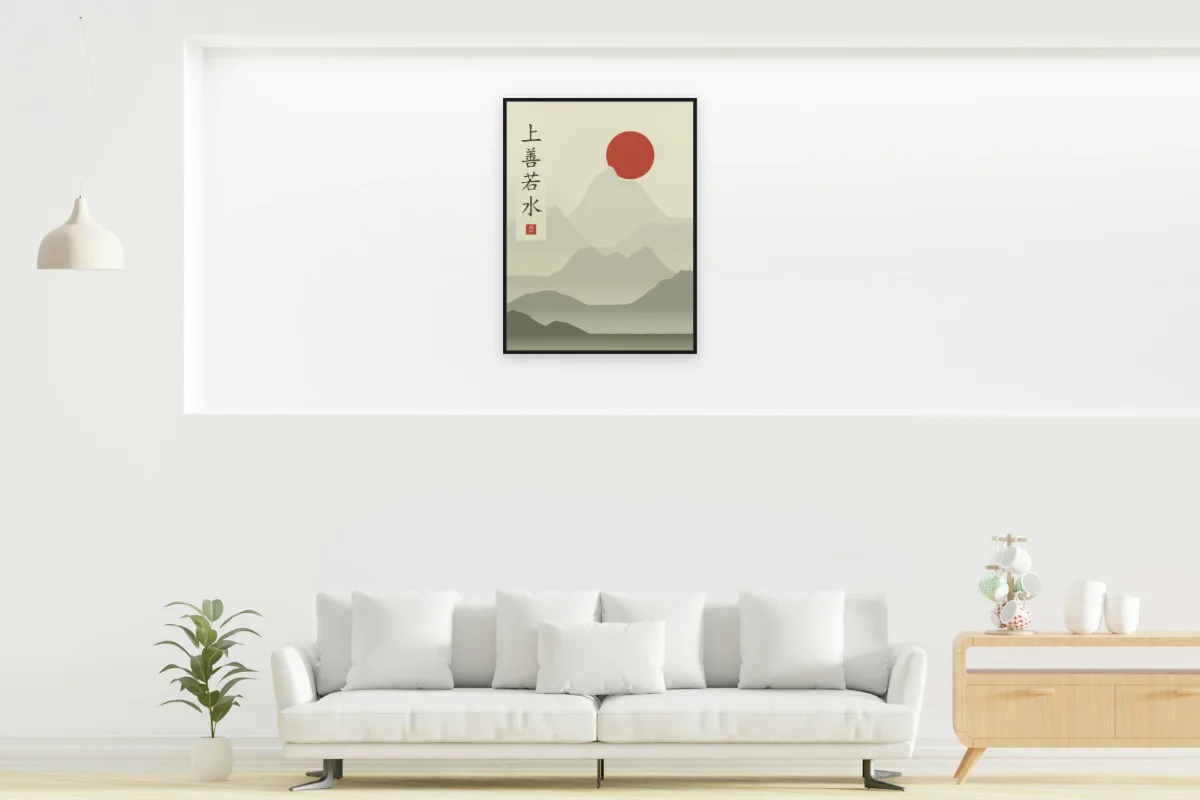 Le bien suprême est comme l’eau sous la lune, thé vert. Photo d'illustration : Affiche encadrée noir dans la niche éclairée d'un salon blanc, œuvre en 60 × 80 cm, à l'échelle. Photo de la pièce : dada design (Unsplash).