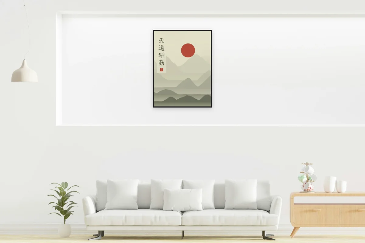 Le Ciel récompense l’effort sous la lune, thé vert. Photo d'illustration : Affiche encadrée noir dans la niche éclairée d'un salon blanc, œuvre en 60 × 80 cm, à l'échelle. Photo de la pièce : dada design (Unsplash).