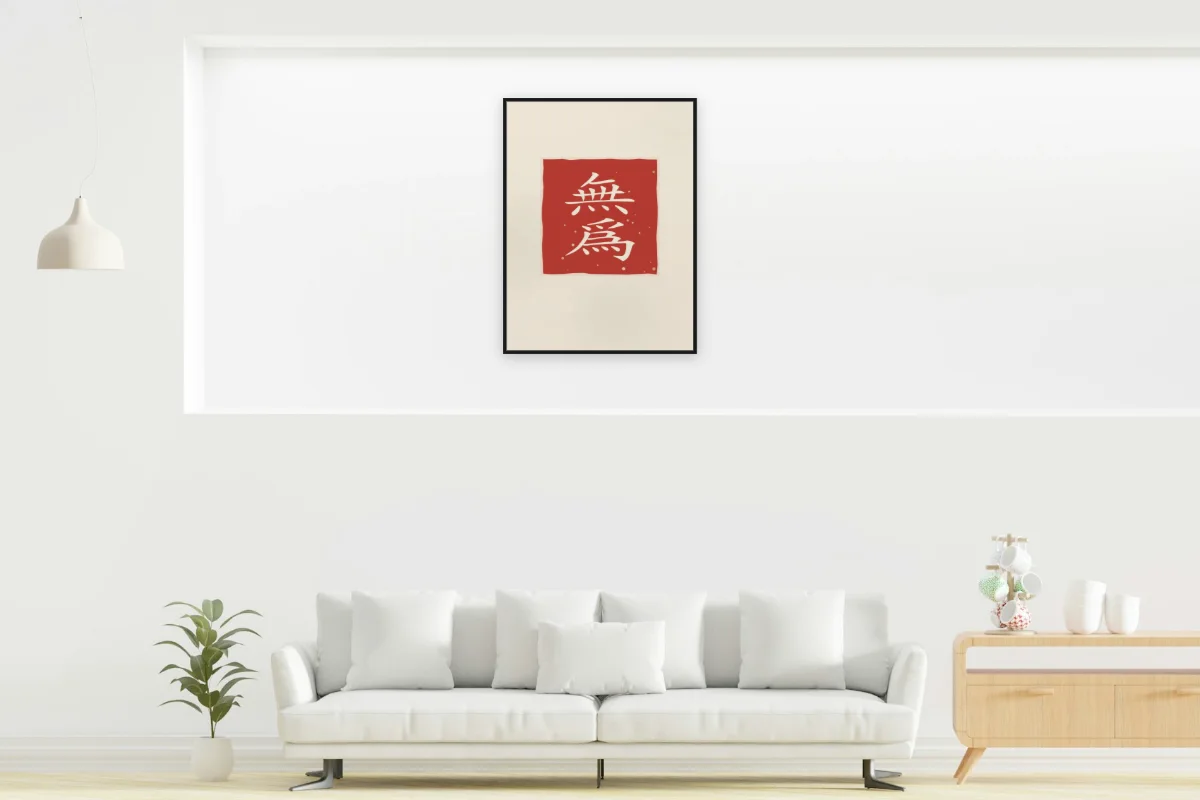 Non-agir en sceau, papier xuan. Photo d'illustration : Affiche encadrée noir dans la niche éclairée d'un salon blanc, œuvre en 60 × 80 cm, à l'échelle. Photo de la pièce : dada design (Unsplash).