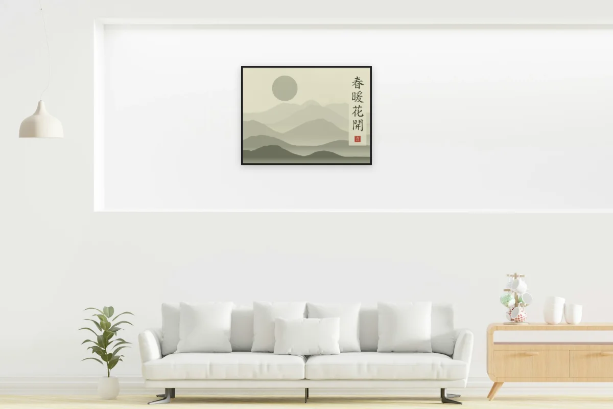 Printemps doux, fleurs écloses sous la lune, thé vert. Photo d'illustration : Affiche encadrée noir dans la niche éclairée d'un salon blanc, œuvre en 80 × 60 cm, à l'échelle. Photo de la pièce : dada design (Unsplash).