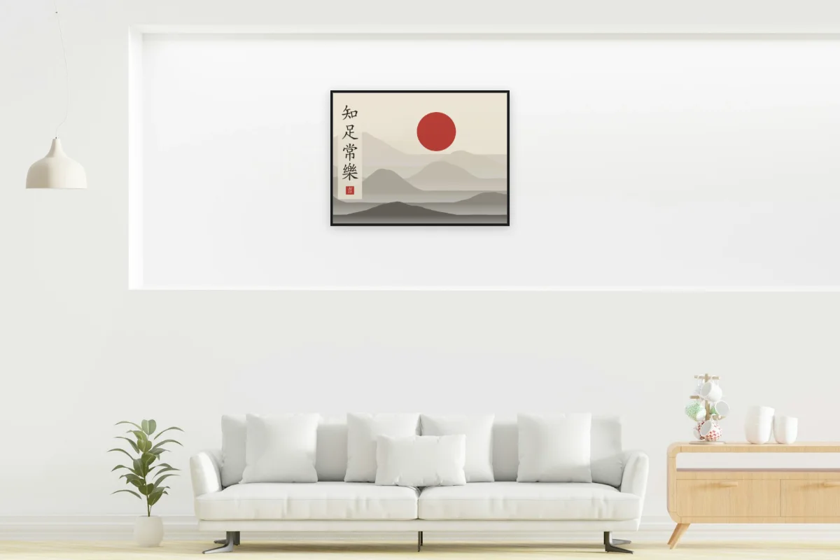 Savoir se contenter sous la lune, papier xuan. Photo d'illustration : Affiche encadrée noir dans la niche éclairée d'un salon blanc, œuvre en 80 × 60 cm, à l'échelle. Photo de la pièce : dada design (Unsplash).