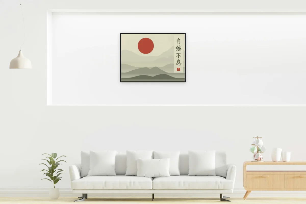 Se fortifier sans relâche sous la lune, thé vert. Photo d'illustration : Affiche encadrée noir dans la niche éclairée d'un salon blanc, œuvre en 80 × 60 cm, à l'échelle. Photo de la pièce : dada design (Unsplash).