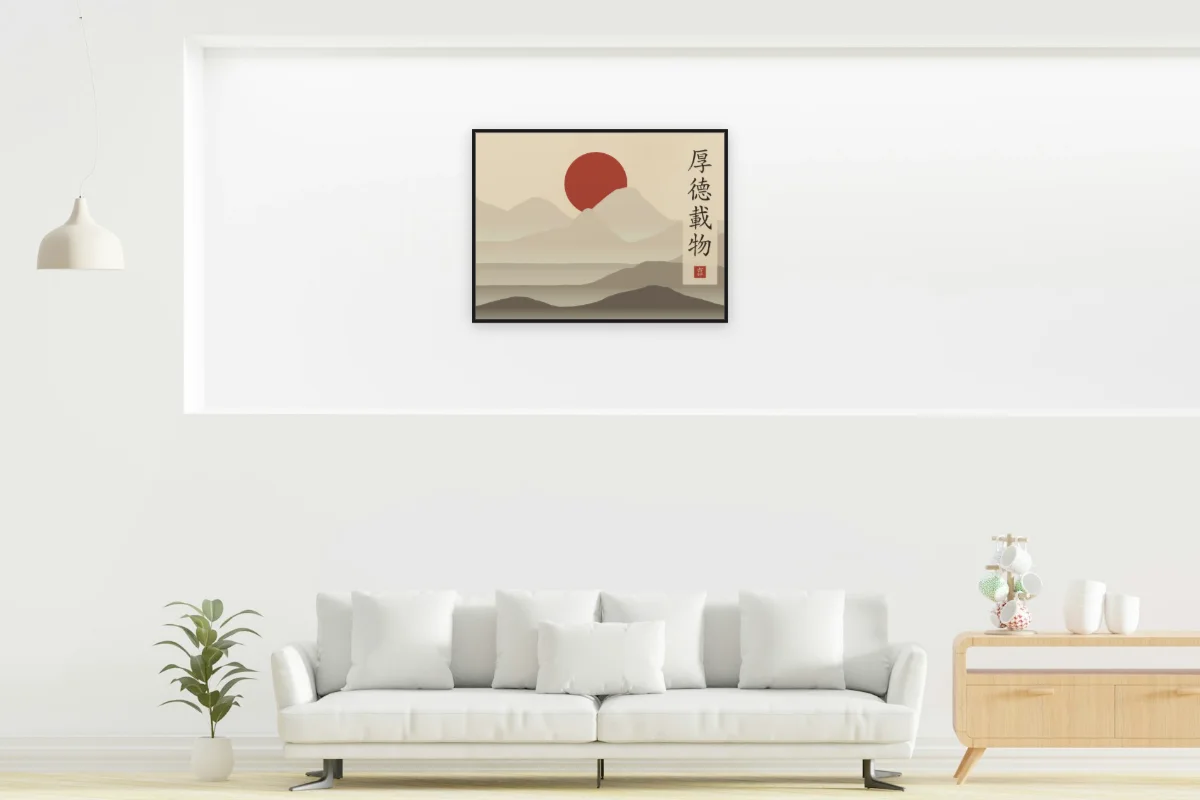 Une vertu profonde sous la lune, sable ocre. Photo d'illustration : Affiche encadrée noir dans la niche éclairée d'un salon blanc, œuvre en 80 × 60 cm, à l'échelle. Photo de la pièce : dada design (Unsplash).