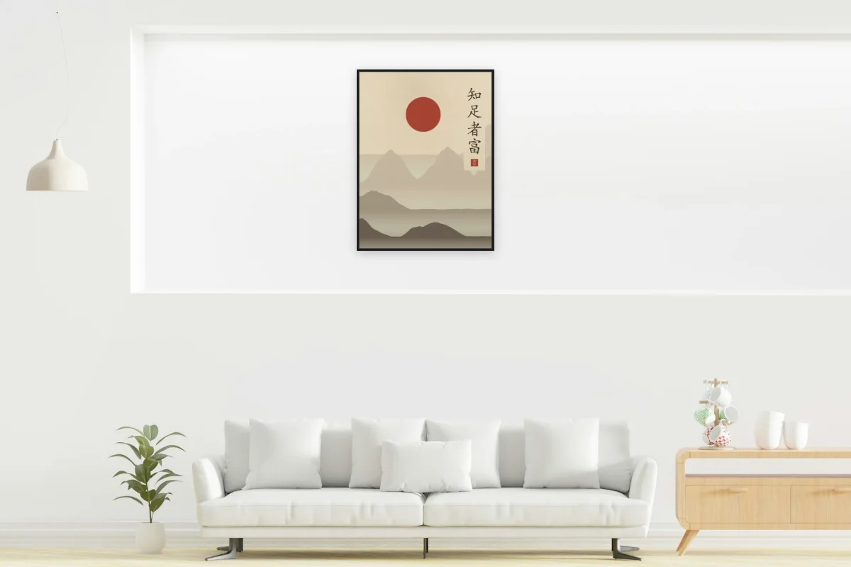 Qui sait se contenter est riche sous la lune, sable ocre. Photo d'illustration : Affiche encadrée noir dans la niche éclairée d'un salon blanc, œuvre en 60 × 80 cm, à l'échelle. Photo de la pièce : dada design (Unsplash).