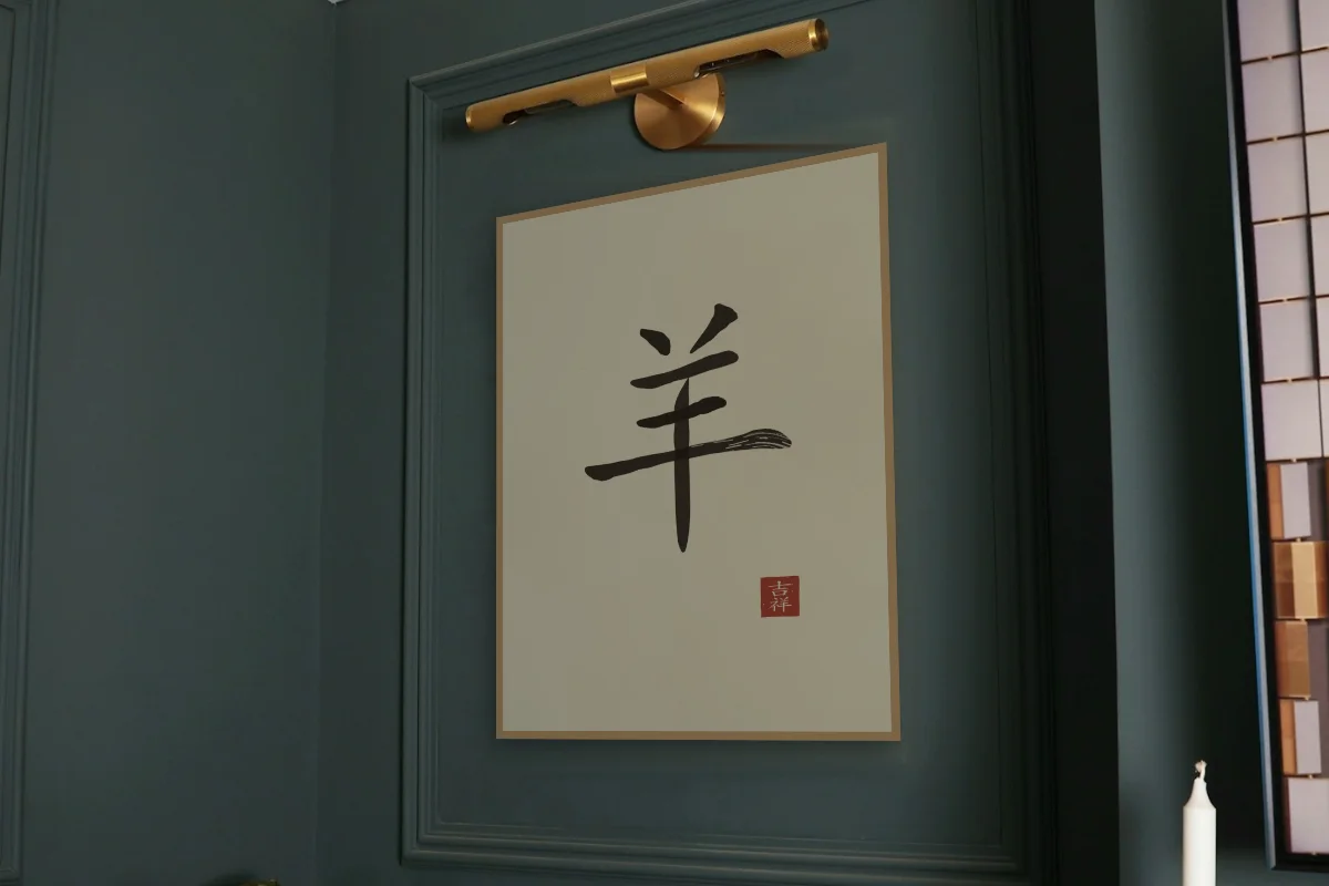 Signe de la Chèvre à l'encre, sable ocre. Photo d'illustration : Affiche encadrée chêne sous une lampe de tableau, mur vert profond, œuvre en 60 × 80 cm, à l'échelle. Photo de la pièce : Paul Yarnell (Unsplash).