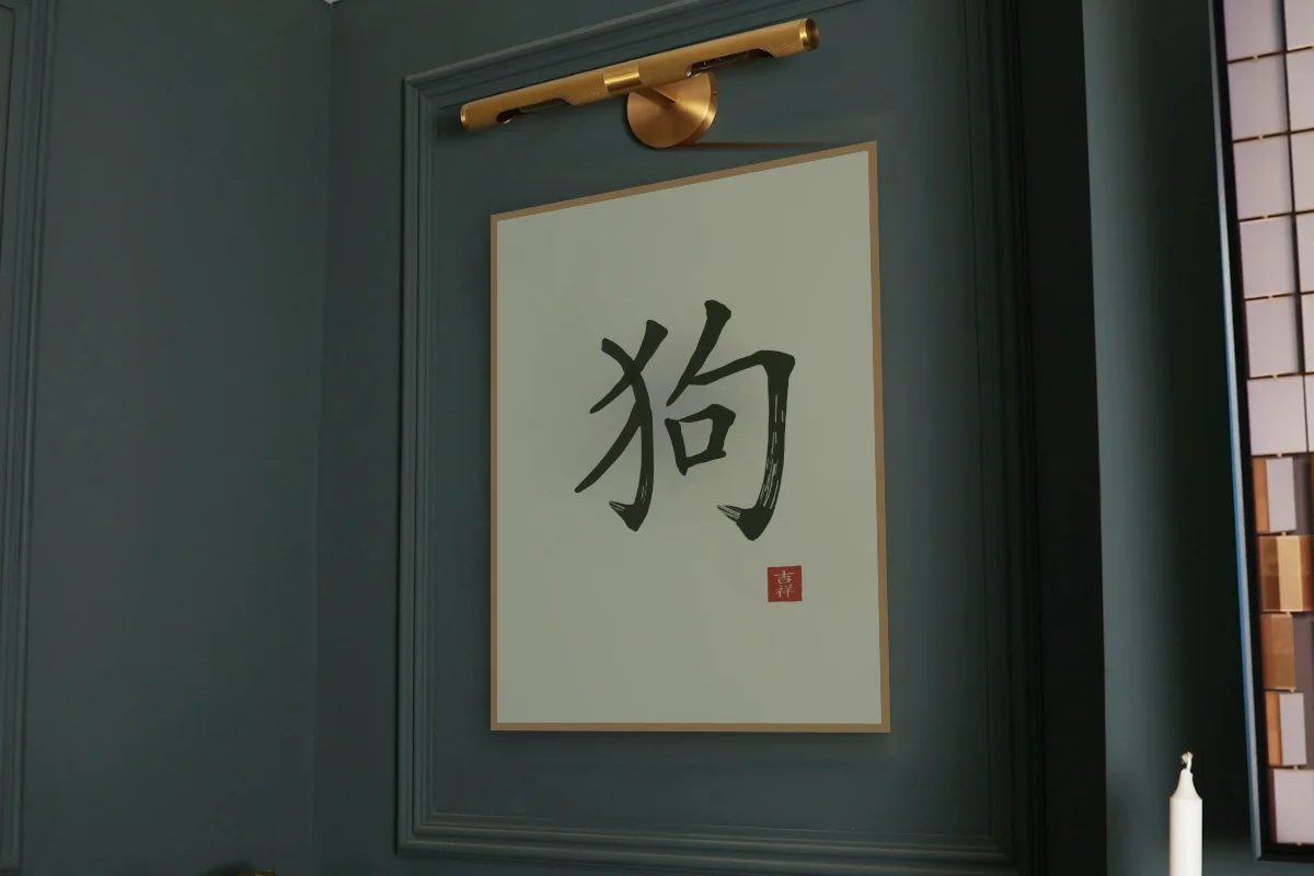 Signe du Chien à l'encre, thé vert. Photo d'illustration : Affiche encadrée chêne sous une lampe de tableau, mur vert profond, œuvre en 60 × 80 cm, à l'échelle. Photo de la pièce : Paul Yarnell (Unsplash).