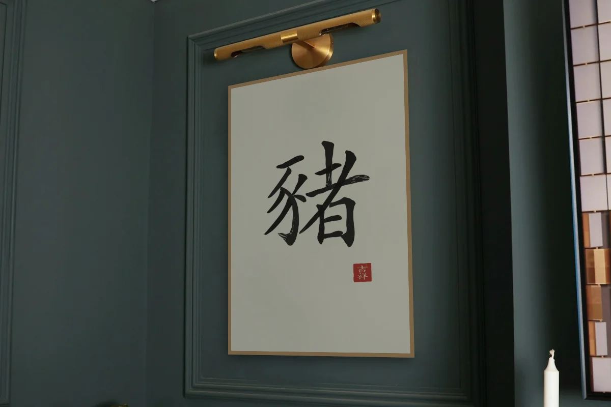 Signe du Cochon à l'encre, papier xuan. Photo d'illustration : Affiche encadrée chêne sous une lampe de tableau, mur vert profond, œuvre en 60 × 90 cm, à l'échelle. Photo de la pièce : Paul Yarnell (Unsplash).