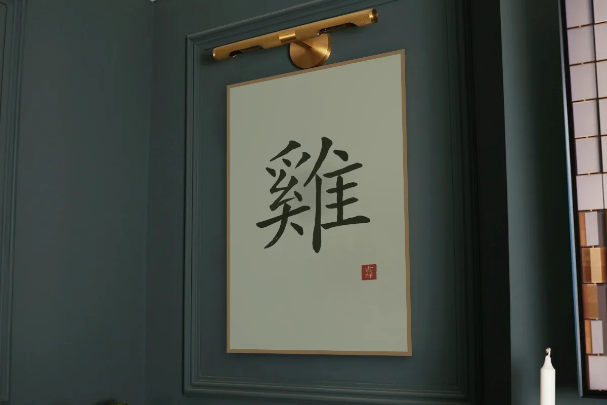 Signe du Coq à l'encre, thé vert. Photo d'illustration : Affiche encadrée chêne sous une lampe de tableau, mur vert profond, œuvre en 60 × 90 cm, à l'échelle. Photo de la pièce : Paul Yarnell (Unsplash).