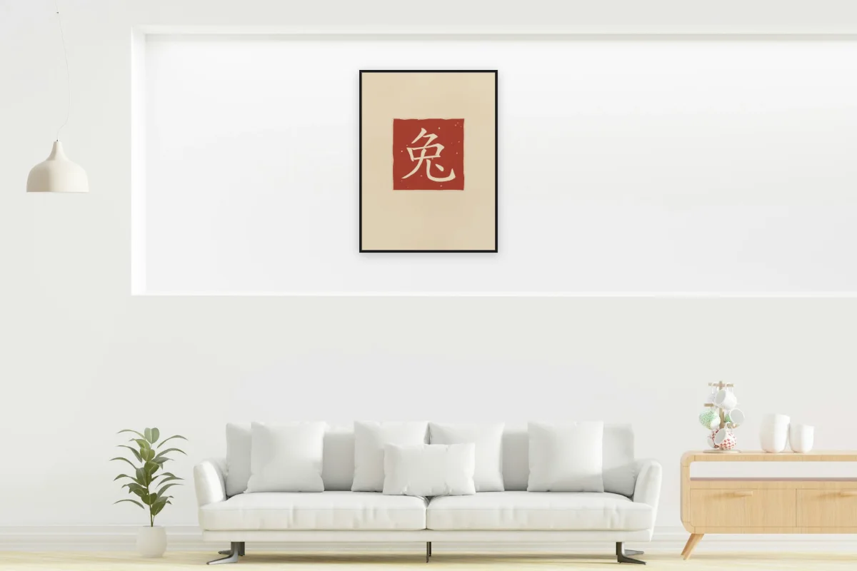 Signe du Lapin en sceau, sable ocre. Photo d'illustration : Affiche encadrée noir dans la niche éclairée d'un salon blanc, œuvre en 60 × 80 cm, à l'échelle. Photo de la pièce : dada design (Unsplash).