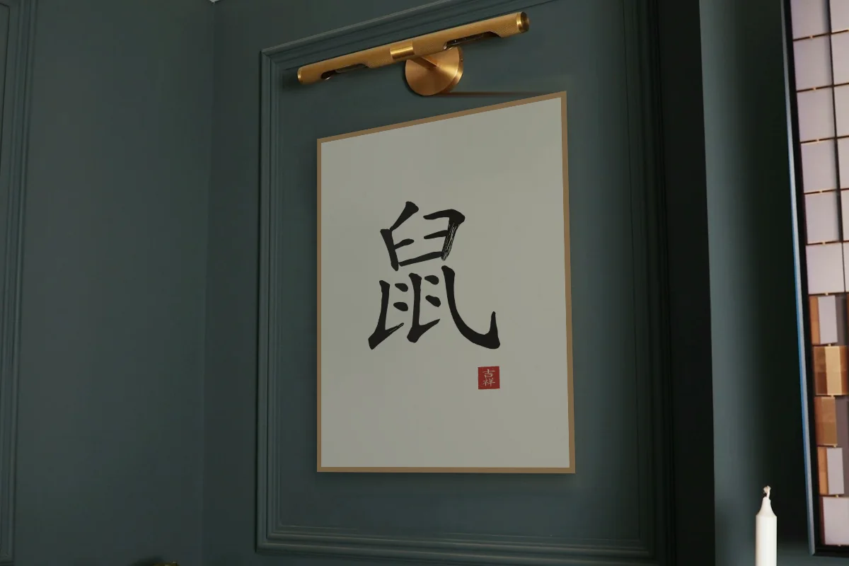 Signe du Rat à l'encre, papier xuan. Photo d'illustration : Affiche encadrée chêne sous une lampe de tableau, mur vert profond, œuvre en 60 × 80 cm, à l'échelle. Photo de la pièce : Paul Yarnell (Unsplash).