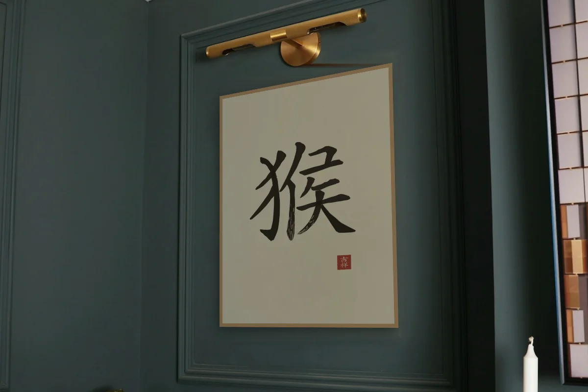 Signe du Singe à l'encre, sable ocre. Photo d'illustration : Affiche encadrée chêne sous une lampe de tableau, mur vert profond, œuvre en 60 × 80 cm, à l'échelle. Photo de la pièce : Paul Yarnell (Unsplash).
